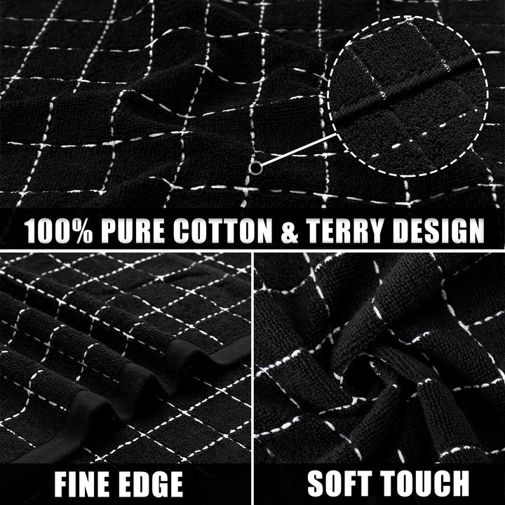 100% Cotton Terry Kitchen Towels, 16 x26 Inches, Super Soft and Absorbent Dish Towels for Kitchen, Checkered Designed Hand Towels for Kitchen, 4 Pack, Dark Grey