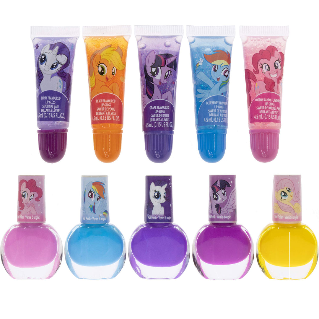 My Little Pony 10 Pcs Sparkly Cosmetic Beauty Makeup Set for Kids Girls Teen with 5 Pcs Lip Gloss, 5 Pcs Nail Polish &amp; Nail Stickers Perfect for Parties, Sleepovers and Makeovers Age 3+