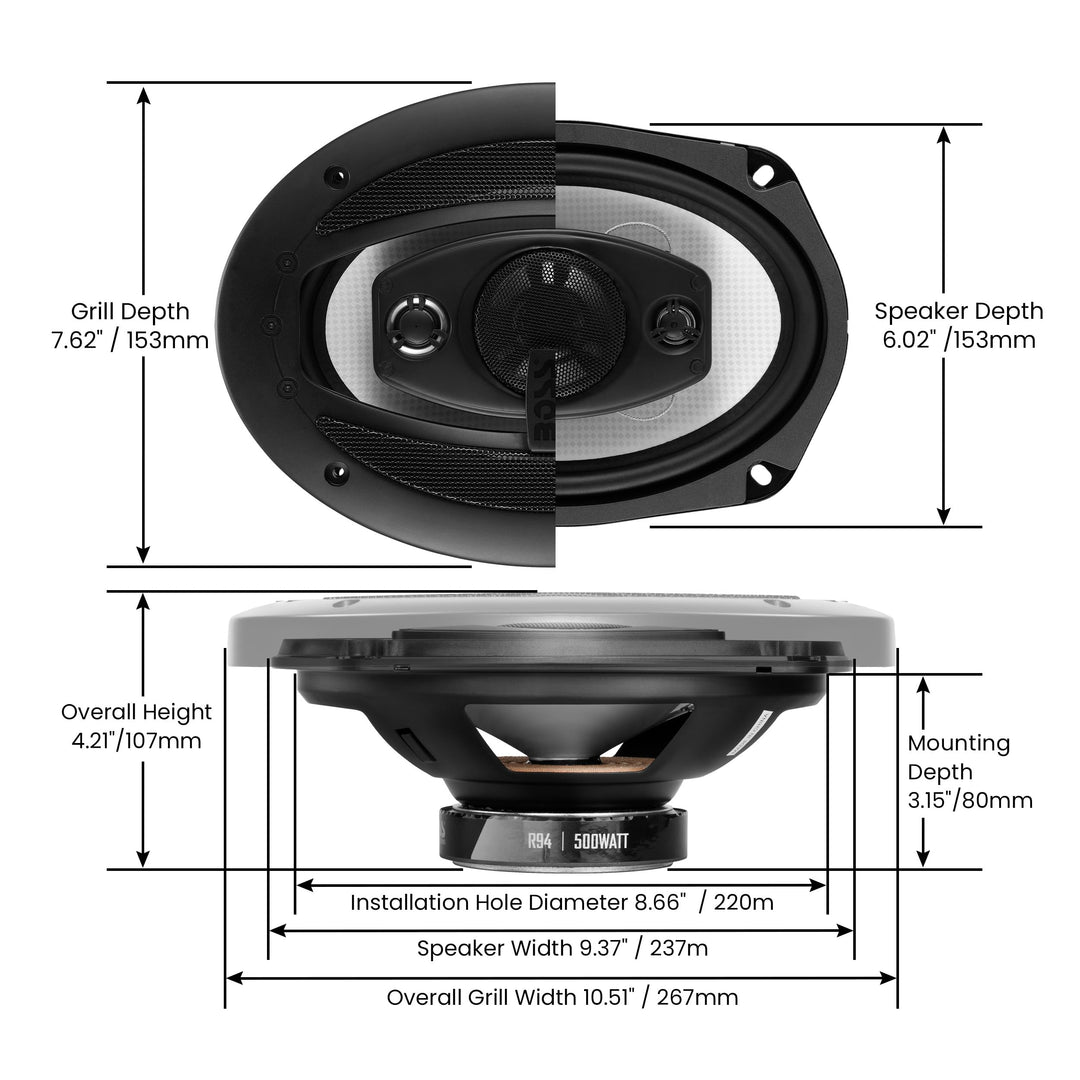 BOSS Audio Systems R94 Riot Series 6 x 9 Inch Car Stereo Door Speakers - 500 Watts Max, 4 Way, Full Range, Tweeters, Coaxial, Sold in Pairs