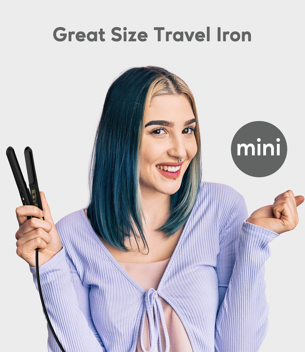 Mini Flat Iron, Dual Voltage Travel Flat Iron, 1/2 Inch Mini Flat Irons for Short Hair/Curls Bangs, Lightweight & Portable Small Straightener, Worldwide Use with Heat Resistant Pouch, Black