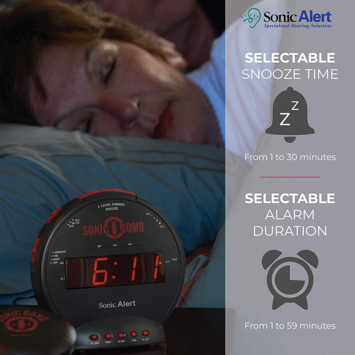 Sonic Bomb Dual Extra Loud Alarm Clock with Bed Shaker, Black | Vibrating, Heavy Sleepers, Battery Backup | Wake with a Shake