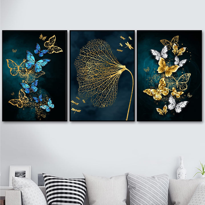 Painting On Canvas Wall art Modern Minimalist Poster Blue Gold Butterfly Mural Decoration for Living Room Home Decor No Frame (20X28inchX3 Unframed)