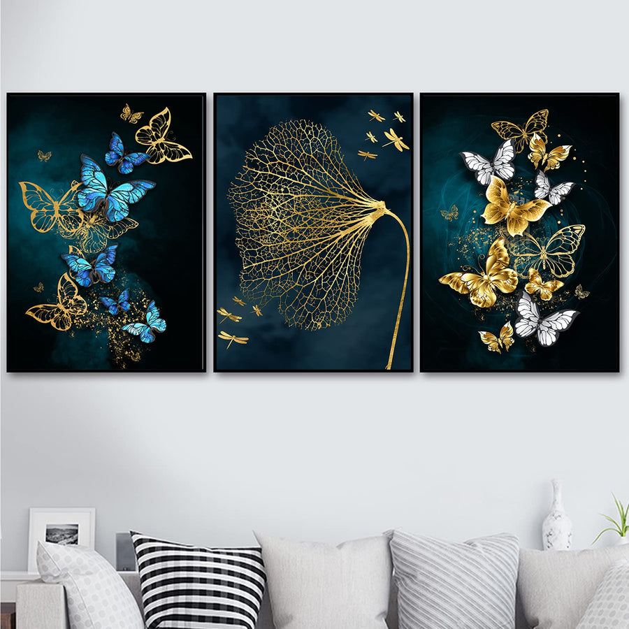 Painting On Canvas Wall art Modern Minimalist Poster Blue Gold Butterfly Mural Decoration for Living Room Home Decor No Frame (20X28inchX3 Unframed)