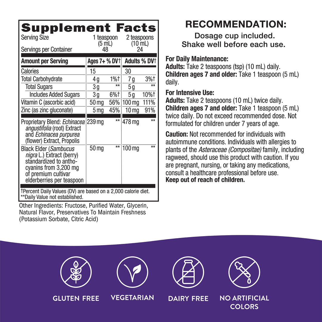 Nature&#39;s Way Sambucus Immune Syrup, Elderberry Extract, Vitamin C, Zinc, Echinacea, Propolis, Daily Immune Support*, Antioxidant Support*, Gluten free, Vegetarian, 8 Fl Oz (Packaging May Vary)