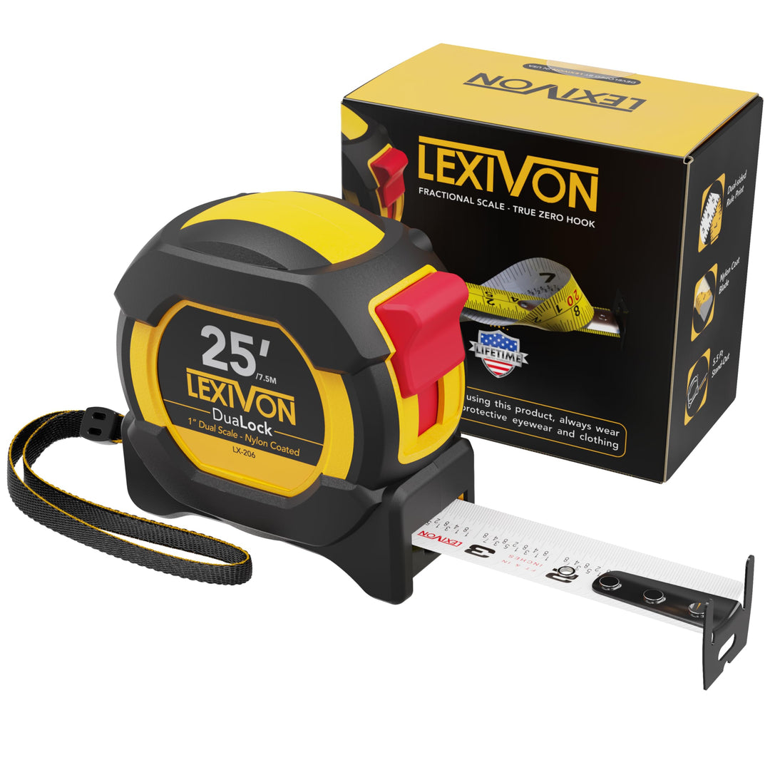 25Ft/7.5m DuaLock Tape Measure | 1-Inch Wide Blade with Nylon Coating, Matt Finish White &amp; Yellow Dual Sided Rule Print | Ft/Inch/Fractions/Metric (LX-206)