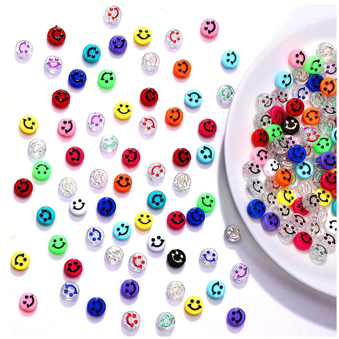 120PCS Happy Face Beads Colorful Flower Polymer Clay Happy Face Beads Vinyl Resin Acrylic Loose Spacer Beads for Bracelet Necklace Earring Jewelry Making Supplies with Elastic String