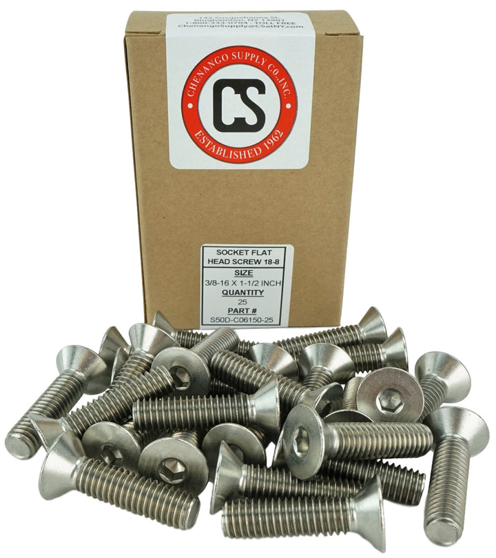 Stainless 3/8-16 x 1 (3/4 to 3 Available) Socket Flat Head Screws, Full Thread, Hex Drive, Stainless Steel 18-8, Coarse Thread (3/8-16 x 1)
