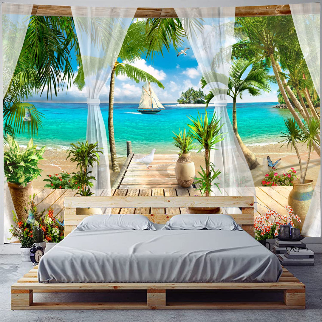 UDTAPCS Ocean Beach Tapestry,Coconut Tree Tapestry Wall