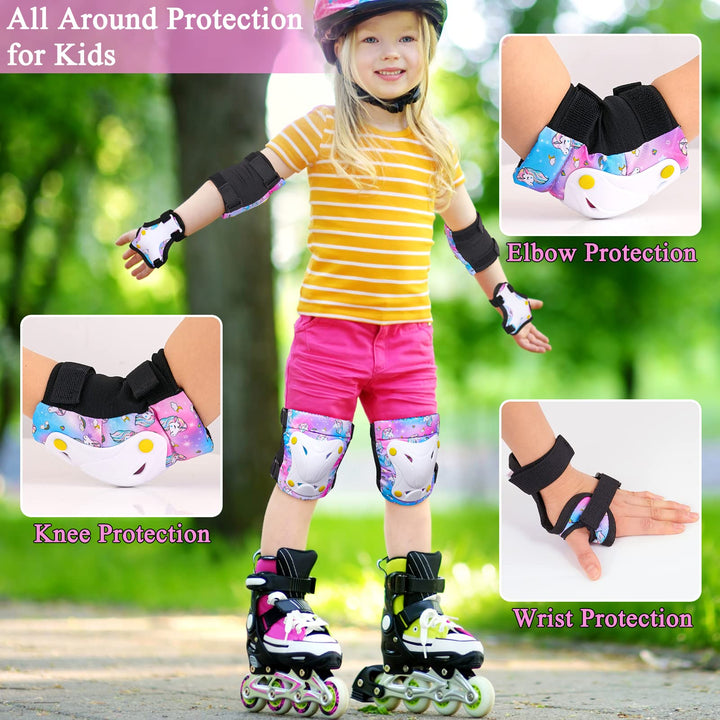 Knee Pads for Kids Unicorn Knee Elbow Pads Wrist Guards with Drawstring Bag Adjustable Protective Gear Set for Girls Boys Inline Skating Bike Cycling Skateboard Scooter, 3-8 Years, Colorful