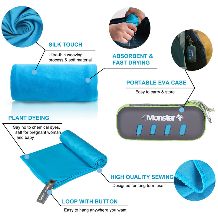 4Monster Microfiber Towel, Travel Towel, Camping Towel, Fast Drying, Soft Light Weight, Suitable for Gym, Beach, Swimming, Backpacking and More (Blue, Large (26 x 55.1 inches))