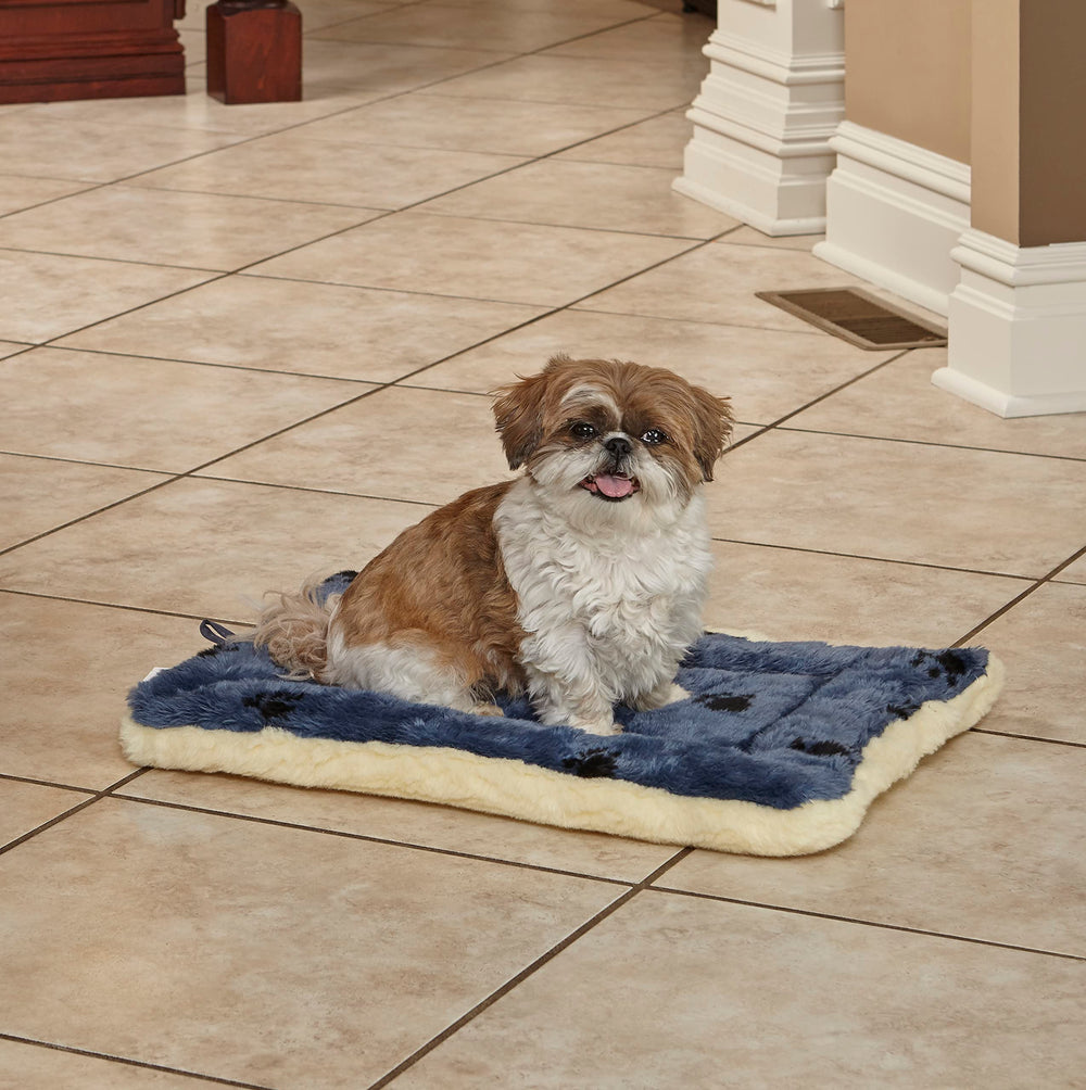 Reversible Paw Print Pet Bed in Blue/Cream, Dog Bed Measures 23.5L x 17W x 2.8H for Small Dogs, Machine Wash