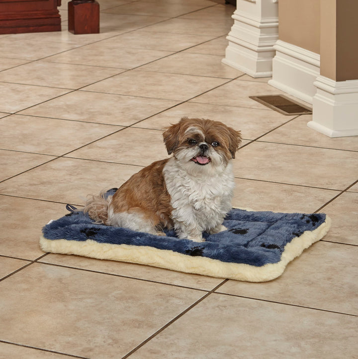 Reversible Paw Print Pet Bed in Blue/Cream, Dog Bed Measures 23.5L x 17W x 2.8H for Small Dogs, Machine Wash