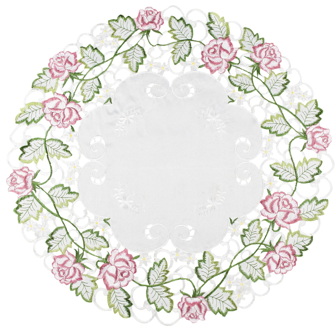 Embroidered Victorian Pink Rose with Green Cut Work on Ivory Large Doily, Small Table Centerpiece, Placemat (22 Inch Round)