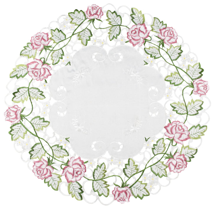 Embroidered Victorian Pink Rose with Green Cut Work on Ivory Large Doily, Small Table Centerpiece, Placemat (22 Inch Round)