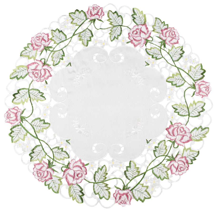 Embroidered Victorian Pink Rose with Green Cut Work on Ivory Large Doily, Small Table Centerpiece, Placemat (22 Inch Round)