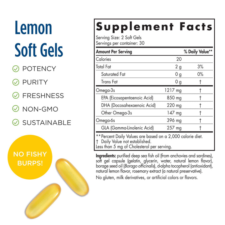 ProEPA with Concentrated GLA, Lemon - 60 Soft Gels - 1217 mg Omega-3 + 257 mg GLA - Heart, Neurological &amp; Immune Support, Healthy Skin - Non-GMO - 30 Servings