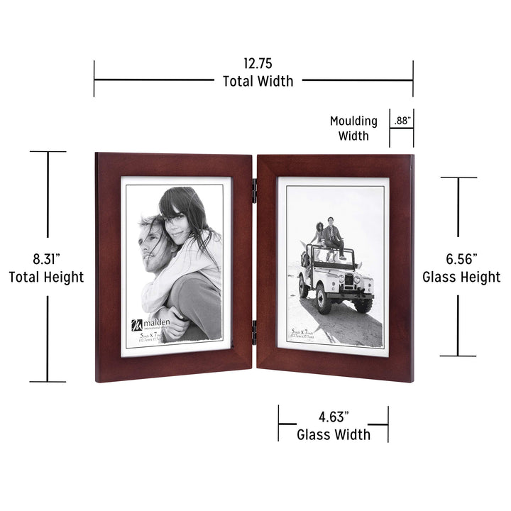 Double Vertical 5x7 Picture Frame - Wide Real Wood Molding, Real Glass - Dark Walnut