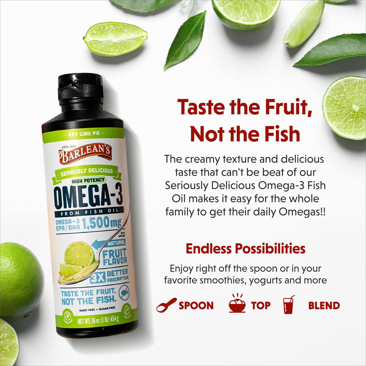 Barlean&#39;s Key Lime Pie High Potency Omega 3 Fish Oil Liquid Supplement, 1500mg of EPA &amp; DHA Fatty Acid, Smoothie Flavored &amp; Burpless for Brain, Joint, &amp; Heart Health, 16 oz