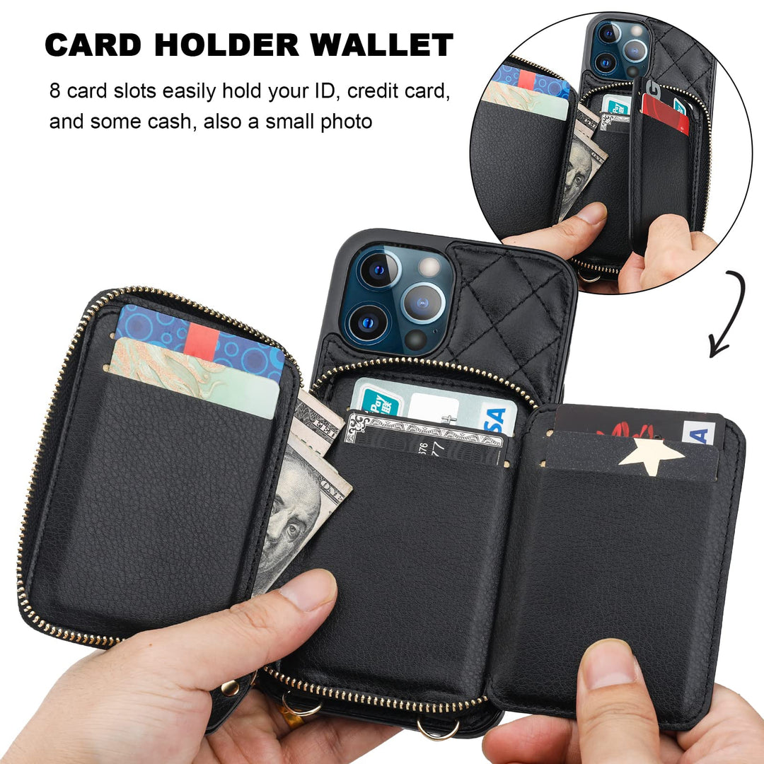 Crossbody Wallet Case for iPhone 13 Pro Max, RFID Blocking PU Leather Zipper Handbag Purse Flip Cover, Kickstand Folio Case with Card Slots Holder Wrist Strap Lanyard 5G 6.7 Inch (Black)
