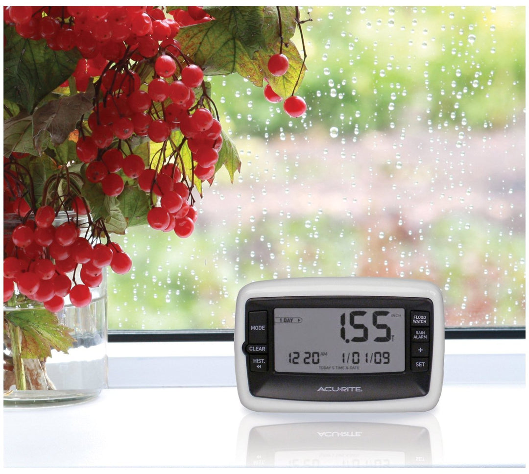 AcuRite Wireless Digital Rain Gauge with Self-Emptying Collector with Rainfall History, Alerts, and Current Date and Time (00899), Multicolor