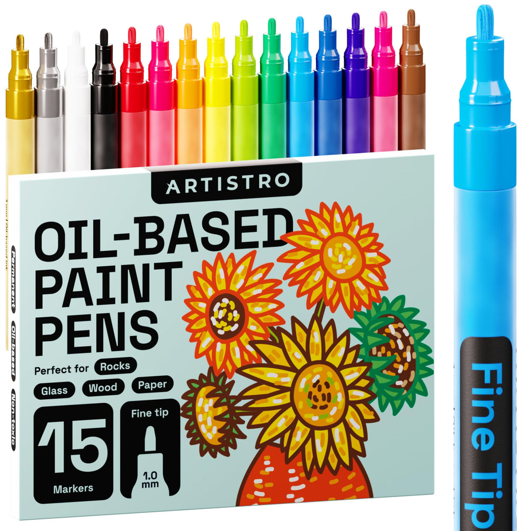 15 Oil-Based Permanent Paint Markers - Assorted Sets of Fine and Medium Tip Markers for Wood, Rock, Fabric, Glass, Ceramic, Metal, Plastic, and More - Quick Dry, Waterproof, Permanent