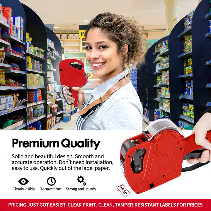 MX5500 Pricing Tag Gun with 5150 pcs White Label Gun Stickers &amp; 3 Extra Inker Rollers, Pricing Label Gun, 8 Digits Retail Pricing Gun and Labels for Grocery Store, Food (Red)