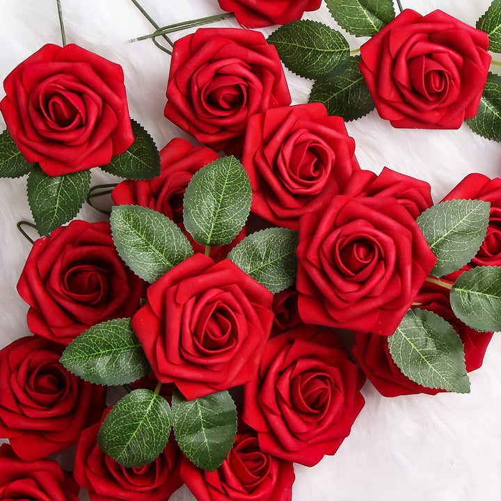 Red Artificial Rose Flowers,30 Pcs Fake Flowers with Stem in Bulk for Wedding Centerpieces,DIY Bouquets,Bridal Shower Party and Home Floral Arrangement Decorations
