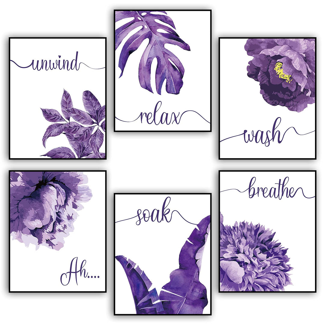 6 Pieces Purple Wall Art Decor Relax Soak Wash Breathe Unwind Bathroom Decor Unframed Flower Poster Prints Photos Farmhouse Wall Painting for Home Bathroom Washroom,8 x 10 Inch
