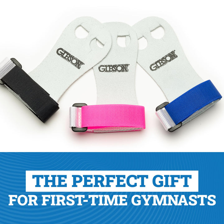 Gibson Rainbow Gymnastic Grips, 3 SIZES, Medium, Large, X-Large, 3 COLORS, Pink, Blue, Black, MADE IN USA, Beginner Gymnastic Hand Grips, UNISEX, Fit For Kids AND Adults, Long Lasting Leather