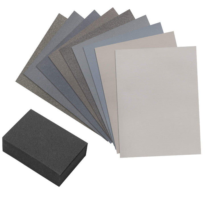 9 Sanding Sheet Introductory Woodworkers Kit with a 2 inch by 3 inch Foam Sanding Block