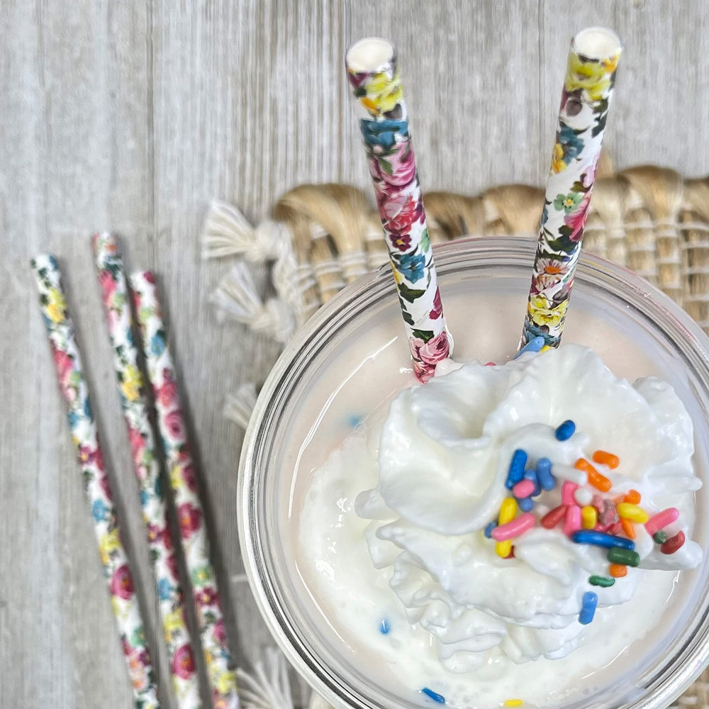 Rose Floral Paper Straws - Pink Yellow White - 7.75 inc