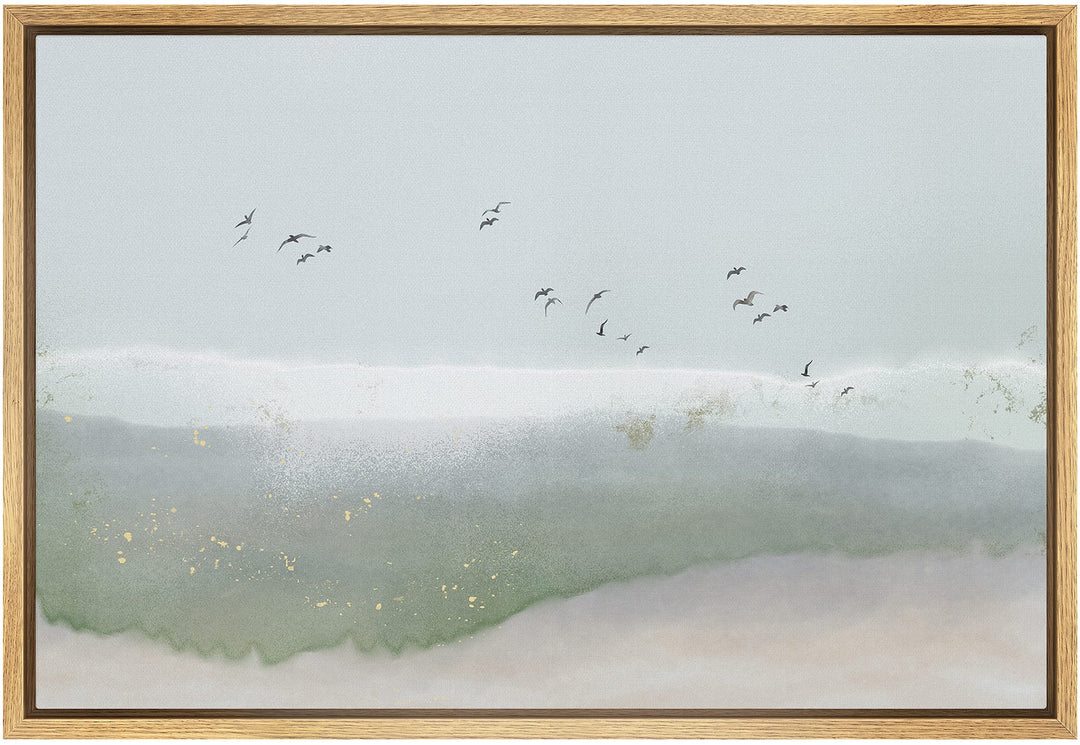 Framed Canvas Print Wall Art Gray &amp; Green Watercolor Sky with Birds Abstract Shapes Illustrations Modern Art Bohemian Scenic Colorful for Living Room, Bedroom, Office - 24x36 Natural