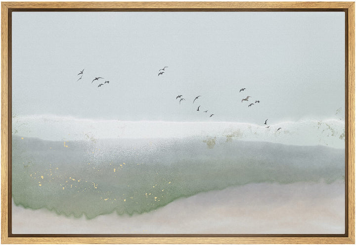 Framed Canvas Print Wall Art Gray &amp; Green Watercolor Sky with Birds Abstract Shapes Illustrations Modern Art Bohemian Scenic Colorful for Living Room, Bedroom, Office - 24x36 Natural