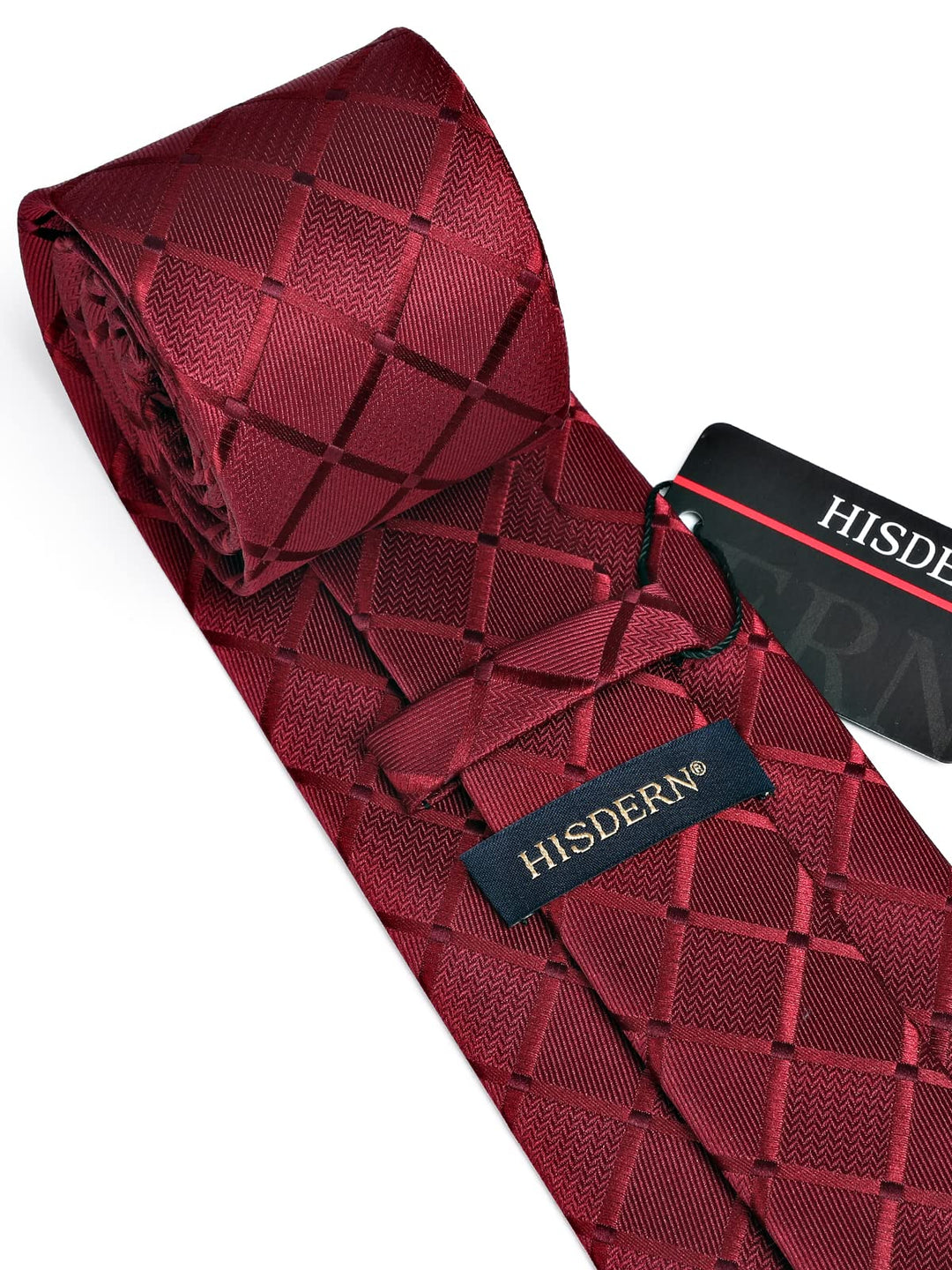 HISDERN Red Ties for Men Plaid Tie with Pocket Square S