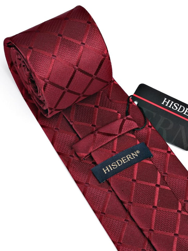 HISDERN Red Ties for Men Plaid Tie with Pocket Square S