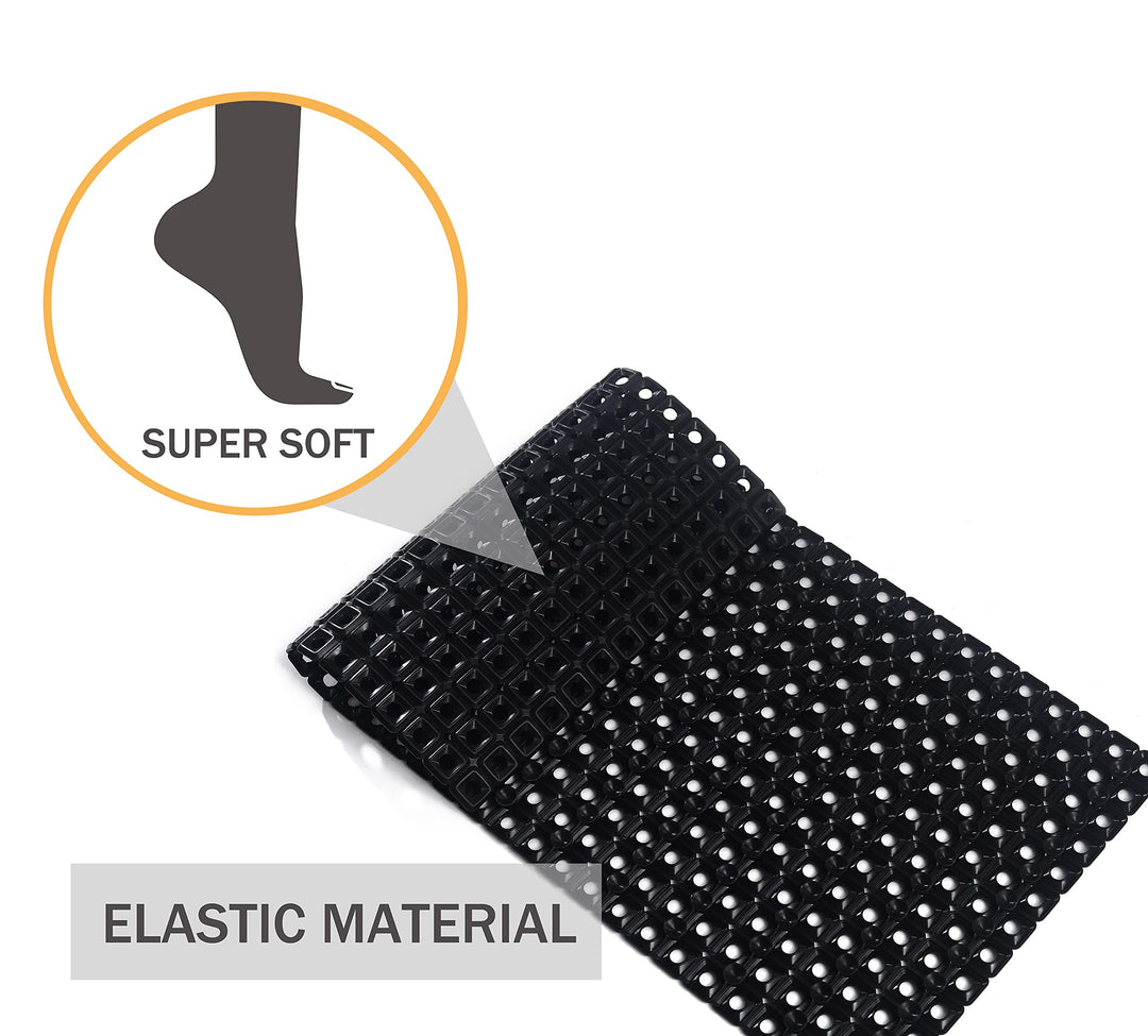 TPE Bath Tub Shower Mat Non Slip with Suction Cups Extra Soft Long Shower Bathtub Mat Baby Bath Mats for Bathroom Tub for Kids Machine Washable, Smooth/Non-Textured Surface Only 35 x 16 (Black)