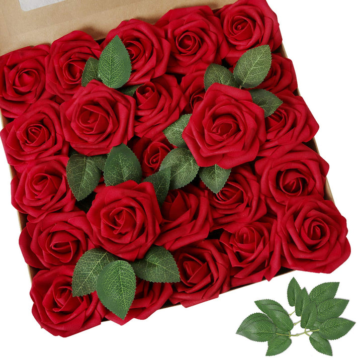 Artificial Flower Dark Red Rose 25pcs Real Looking Fake Roses w/Stem for DIY Wedding Bouquets Centerpieces Arrangements Party Baby Shower Home Decorations