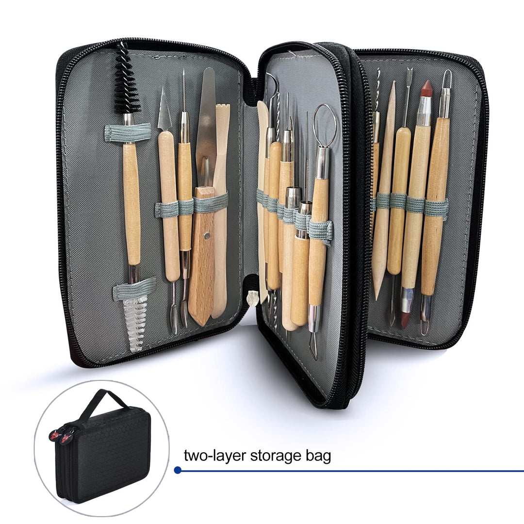 YZNLife Set of 30 Clay Sculpting Tool Wooden Handle Pottery Carving Tool Kit with Carring Bag,Apron and Sleeves for Pottery Modeling, Smoothing, Carving &amp; Ceramics