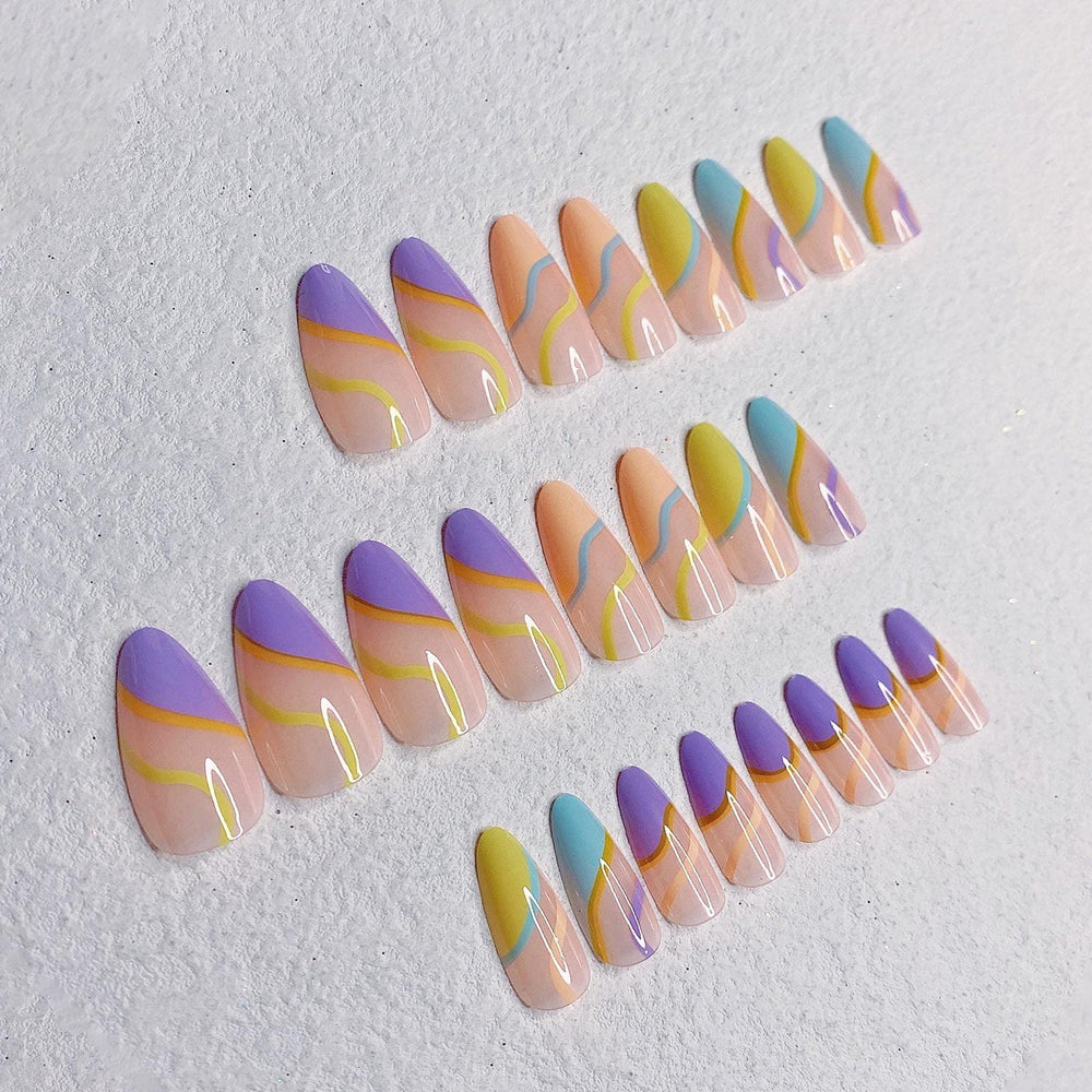 24 Pcs Press on Nails Medium, Fake Nails Almond Glue on Nails, False Nails with Glue, Acrylic Nails for Women and Girls (Colorful Swirl)