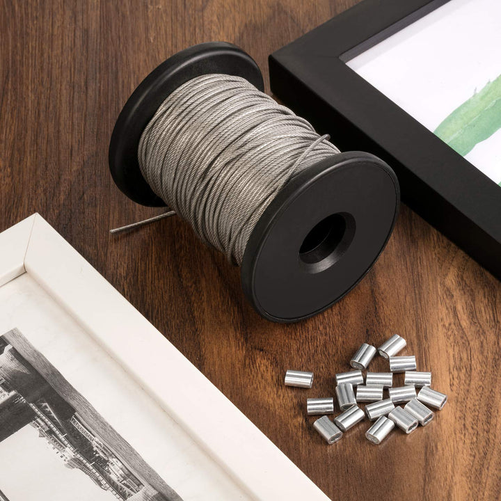 Chengu Vinyl Coated Picture Frame Hanging Wire, Stainless Steel Wire Spool with 20 Pieces Aluminum Crimping Loop Sleeve, Supports up to 110 Lbs (1.5 mm x 98 Feet)