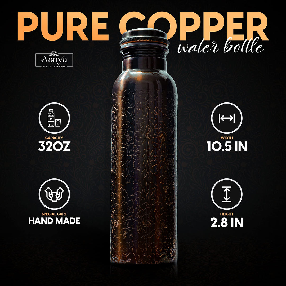 Pure Copper Water Bottle - 32 Oz Ayurvedic Copper Vessel with Engraved Design &amp; Smooth Finish - Premium Copper Flask with Leak Proof Design &amp; Silicone Ring Cap (Black &amp; Brown Shade)