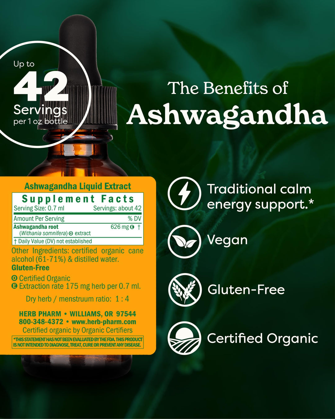 Certified Organic Ashwagandha Extract for Energy and Vitality, Grain, Organic Cane Alcohol, 1 Ounce