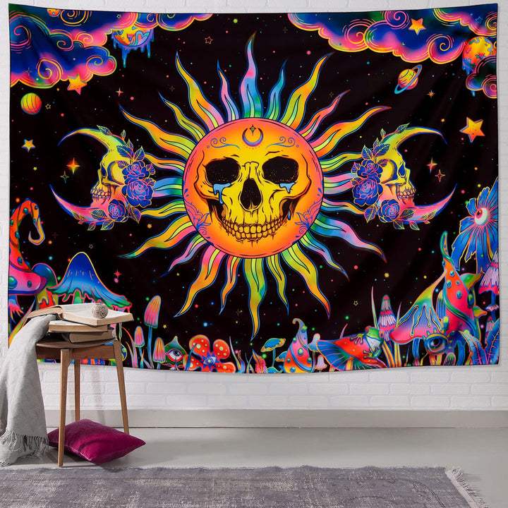 Blacklight Sun and Moon Tapestry UV Reactive Burning Sun Skull Mushroom Tapestry Neon Galaxy Poster Tapestry Art for Home Dorm Decor W59.1 × H51.2