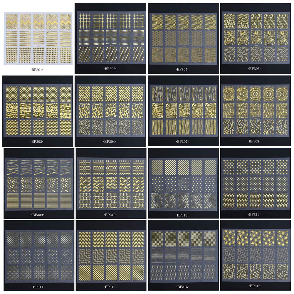 16Sheets 3D Gold Metallic Nail Art Stickers Decals Self-ahesive Geometric Texture Line Mixed Design DIY Decoration Accessories Manicure Tools