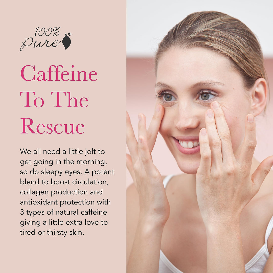 100% PURE Coffee Bean Caffeine Eye Cream Refresh & Hydrate Under Eye Treatment Reduce Puffiness, Dark Circles, Wrinkles with Green Tea, Rose Hip, Vitamin E - Youthful Vibrant Eyes - Vegan - .3 oz