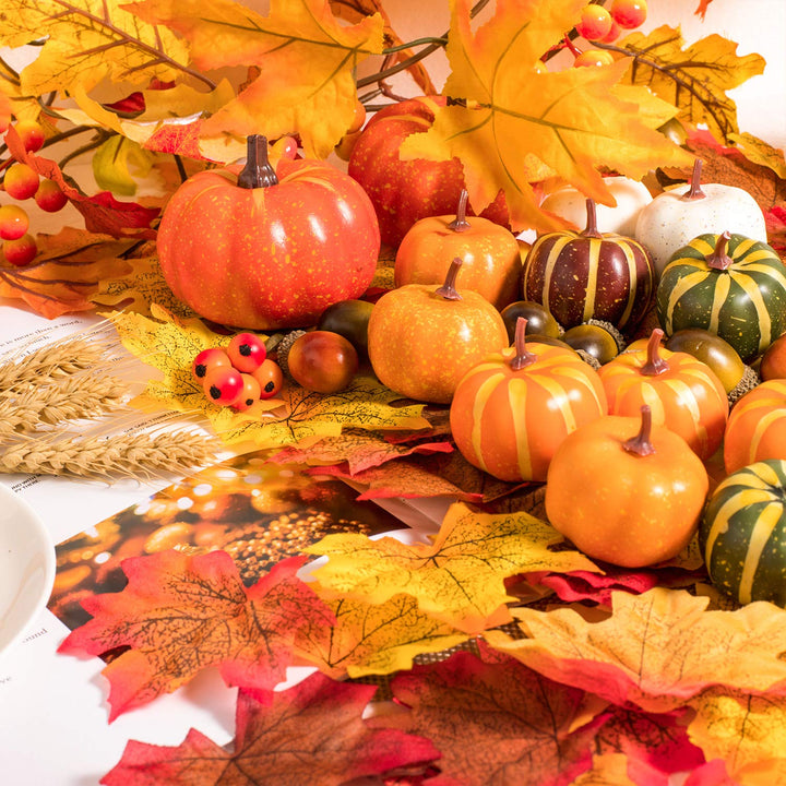 160 Pcs Autumn Artificial Maple Leaves, Harvest Pumpkins, Gourds, Acorns and Orange Berry Stems Set, Fall and Thanksgiving Home Table Decoration Halloween Party Decor
