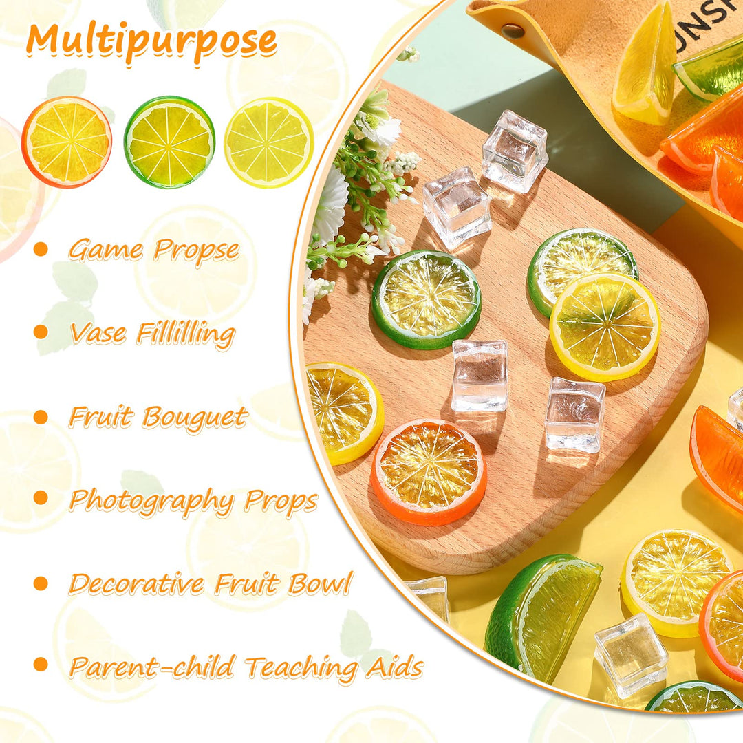 24 Pcs Fake Lemons Slices Blocks and 12 Pcs Acrylic Ice Cube Set Decorative Artificial Fake Ice Cubes Reusable Fake Lemon and Lime Slices Faux Ice Cubes and Lemon Slices for Home Kitchen Office Table