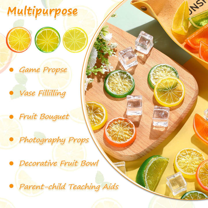 24 Pcs Fake Lemons Slices Blocks and 12 Pcs Acrylic Ice Cube Set Decorative Artificial Fake Ice Cubes Reusable Fake Lemon and Lime Slices Faux Ice Cubes and Lemon Slices for Home Kitchen Office Table