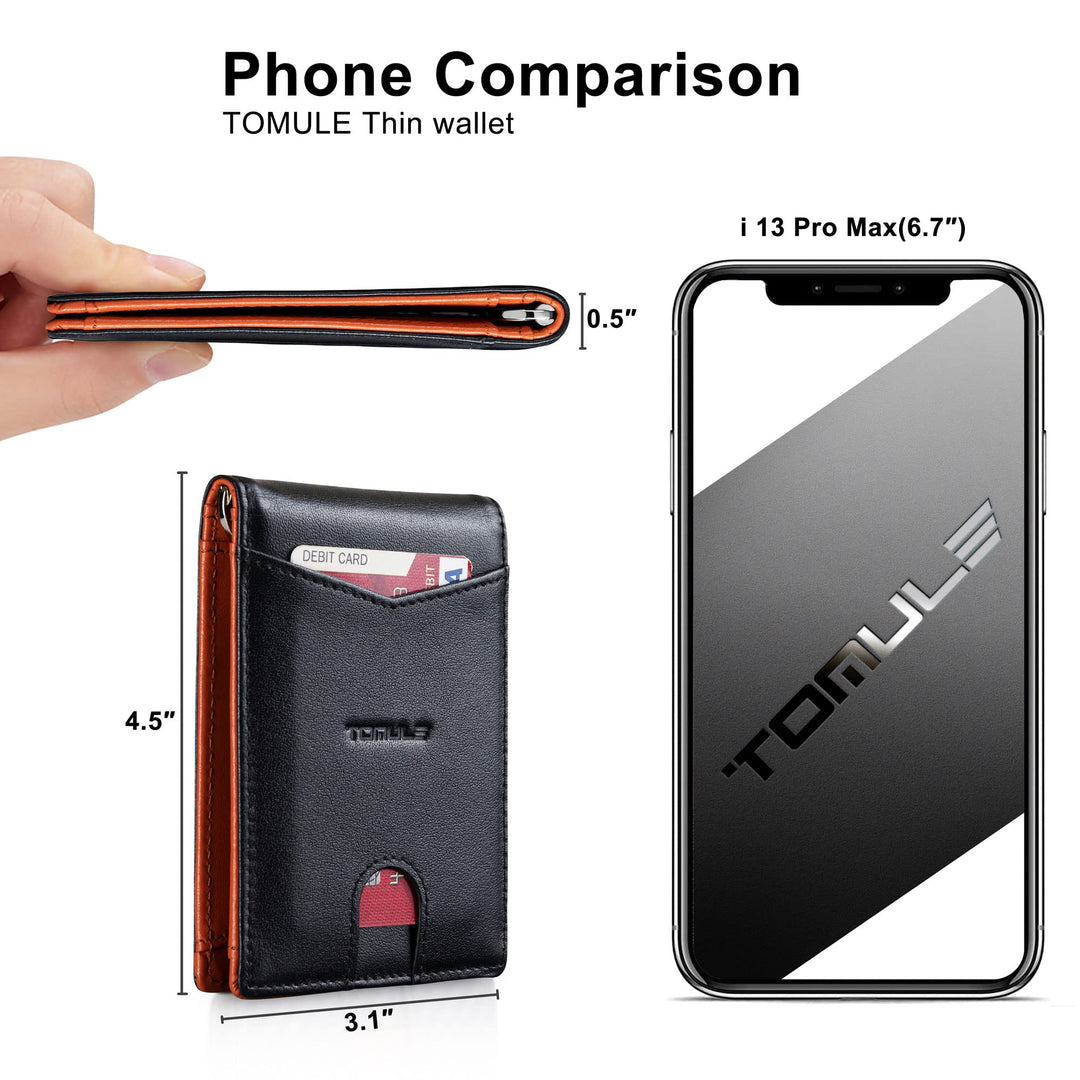 Mens Leather Wallets Slim Minimalist Wallet Bifold Front Pocket Wallet with Money Clip Wallet RFID Blocking Card Wallet for Men Thin Small Wallet with Coin Pocket ID Window (Black&amp;Orange)