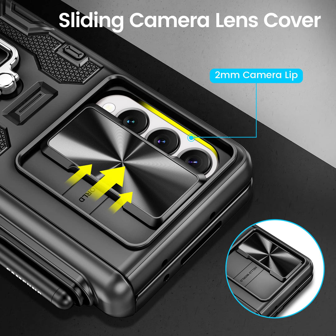 for Galaxy Z Fold 4 Case with S Pen Holder, [Hinge Protection][360°Ring Magnetic Kickstand][Slide Camera Cover][Front Screen Protector] Protective Armor Case for Samsung Galaxy Z Fold 4- Black